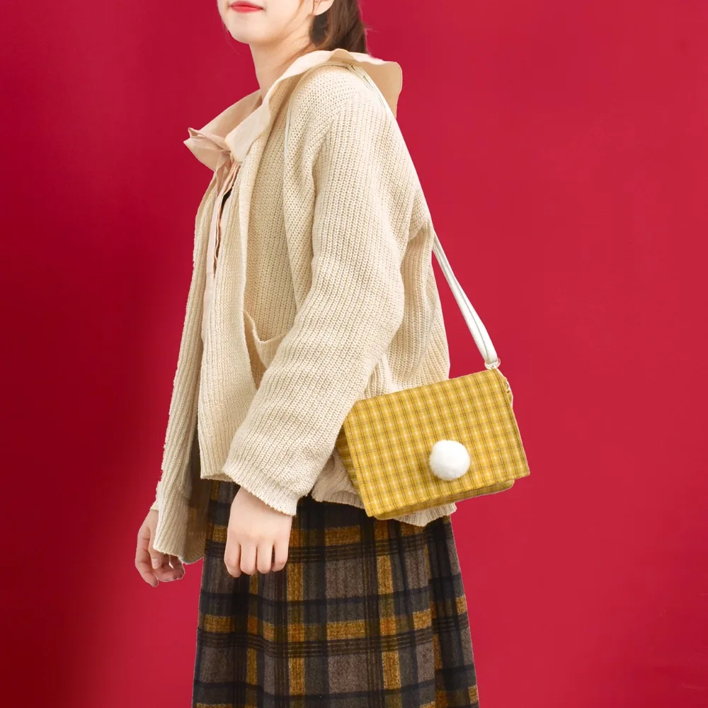 

Princess sweet lolita bag Original wool ball lattice bag fashion female oblique cross wind retro square shoulder bag CC160