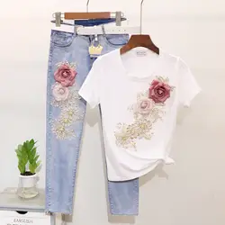 Весна-лето, для девочек, для студентов, новая вышитая бисером Цветочная футболка + рваные джинсы, костюм из двух предметов для женщин