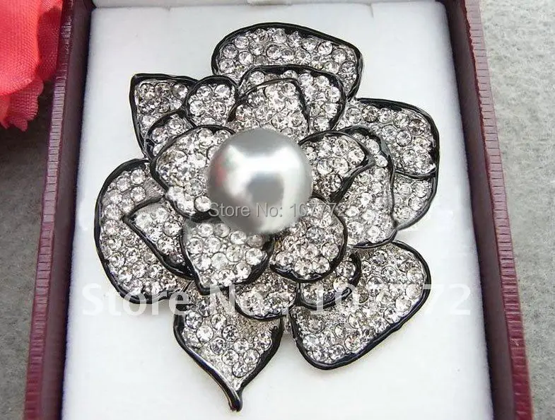 Stunning 14MM Grey Pearl Rhinestone Flower Brooch FREE SHIPPMENT