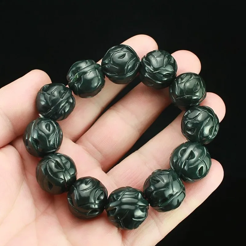 

Natural Dark Green Stone Bracelet Chinese Hand-Carved Walnuts Hand Row String Bracelet Bangles Men's Fashion Stone Jewelry