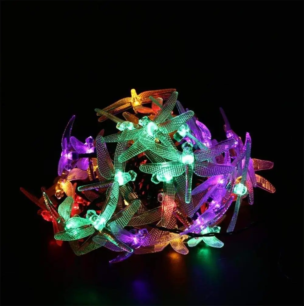 Солнечные гирлянды 20LED многоцветные волоконно оптические стрекозы декоративные