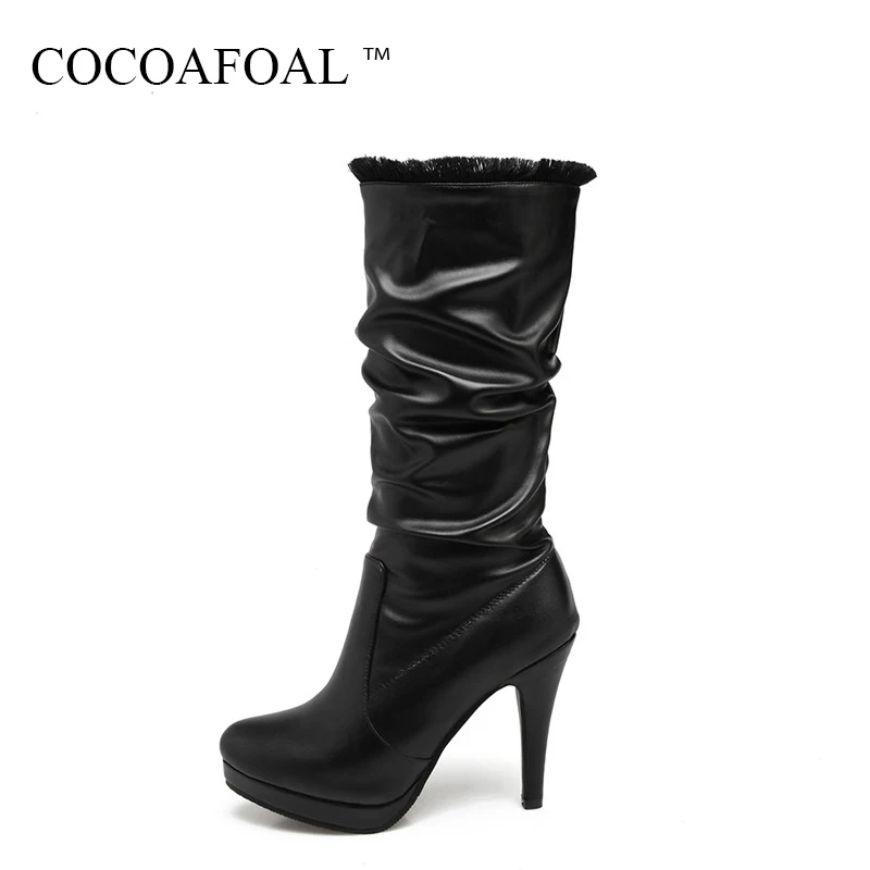 

COCOAFOAL Woman Round Toe Chelsea Boots Autumn Winter White High Heel Shoes Black Plus Size 43 Fashion Sexy Mid Calf Boots 2018