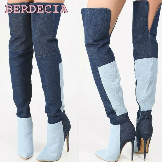 Hot selling patchwork denim over the knee long boots pointed toe stiletto heel thigh high shoes ladies summer factory real photo