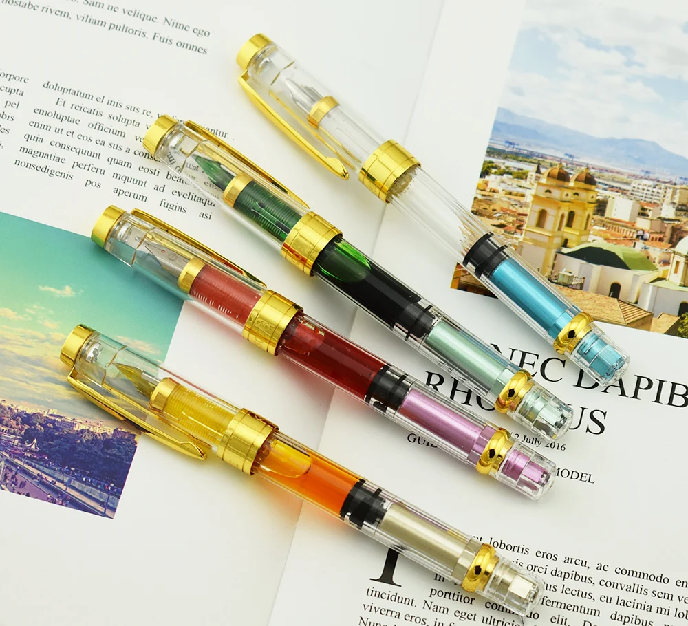 

4PCS Wing Sung 3008 Fountain Pen Piston Full Transparent EF/F Nib 0.38/0.5mm Golden Trim Ink Pen for Office Business School Home