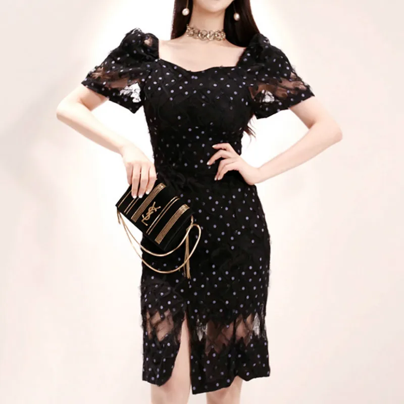 

Summer Puff Short Sleeve Mesh Patchwork Party Split Midi Bodycon Dot Print Sexy Lace Dress