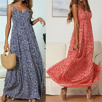 

2019 Women Casual Boho Dresses Sleeveless Strap V Neck Floral-Printed Holiday Maxi Dresses New arrival