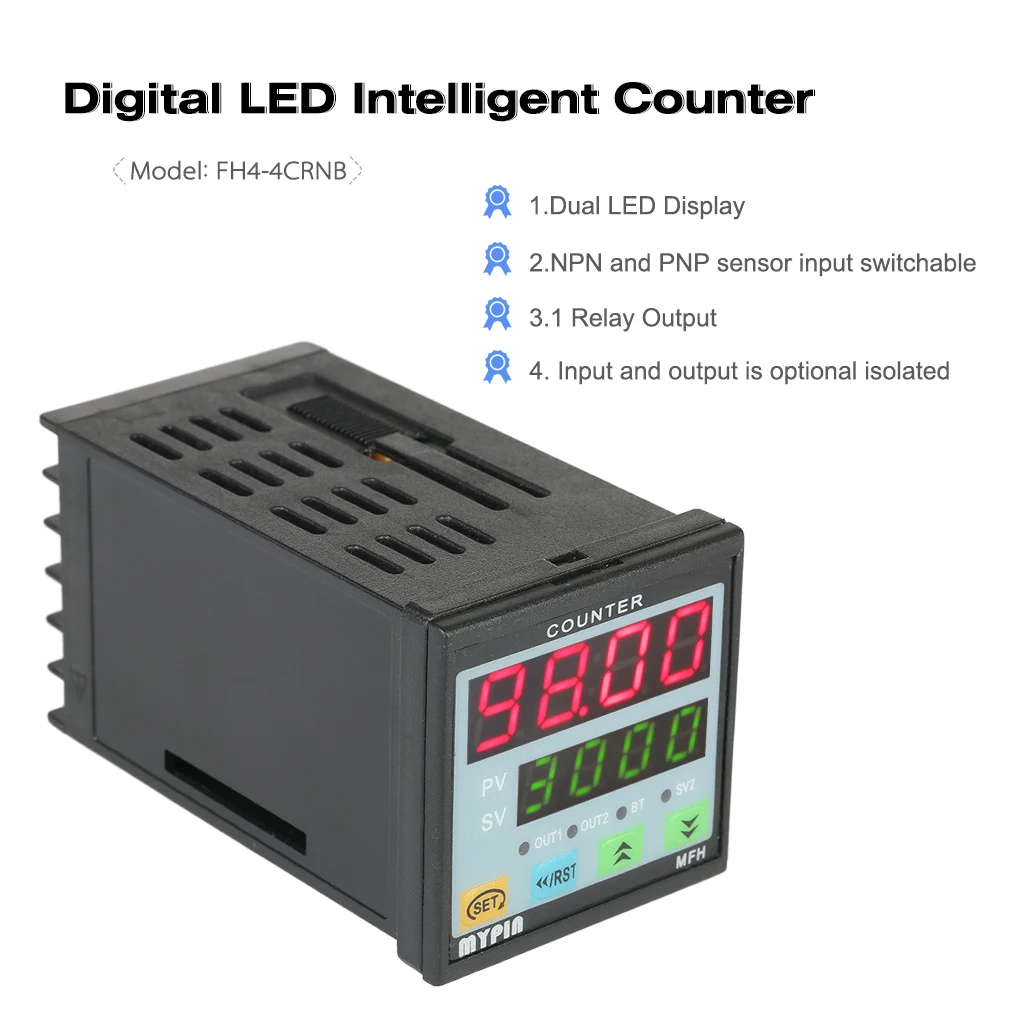 

MYPIN Multi-purpose Preset 4 Digital Counter Intelligent 90-265V AC/DC Length Counter Length Meter Machine Relay Output PNP NPN