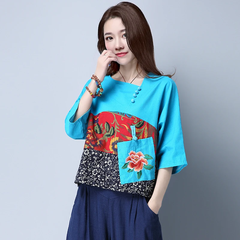 

Traditonal Chinese Style Cotton Linen Tshirt Woman Half Sleeve Tops Vintage Patchwork Plate Pocket Floral Printed T-Shirt Casual