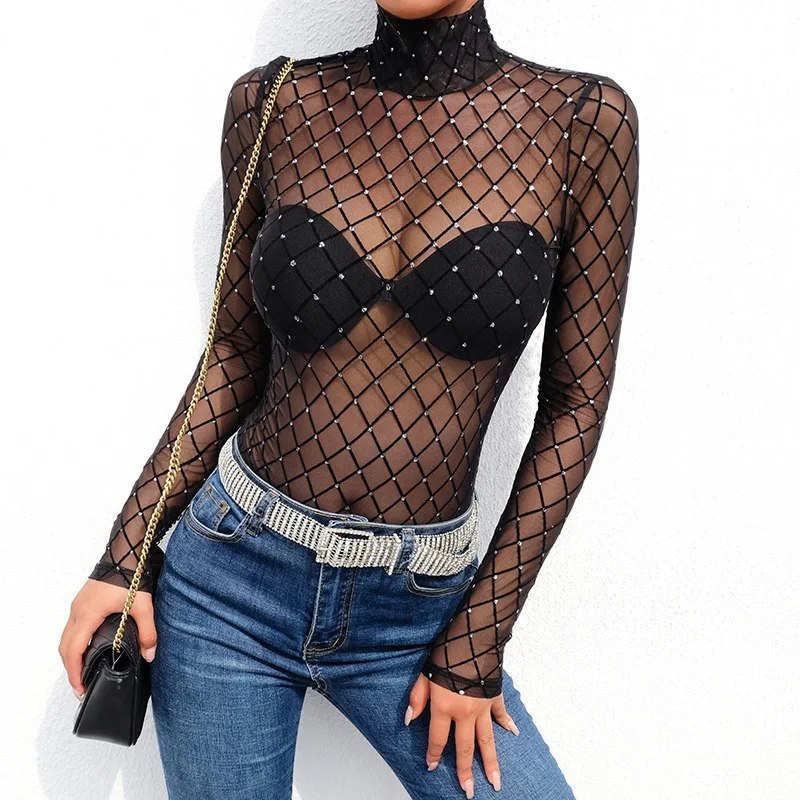 JIEZuoFang Mesh Bodysuit Women Sexy Transparent Slim Party Jumpsuit Short See Through Long Sleeve Turtleneck Bodysuits