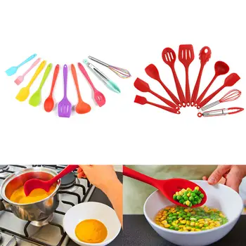 

Kitchen Utensils 10Pc Cooking Non Stick Baking Tool Silicone Set Red Color Multi Can Safe Cute