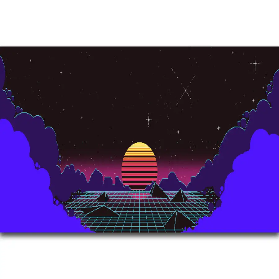 

S1318 Outrun Pixel Sunset Abstract Wall Art Painting Print On Silk Canvas Poster Home Decoration