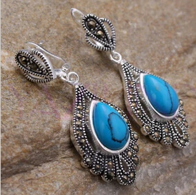 

hj 00602 Elegant oval bead turquoise dangle pierced earrings