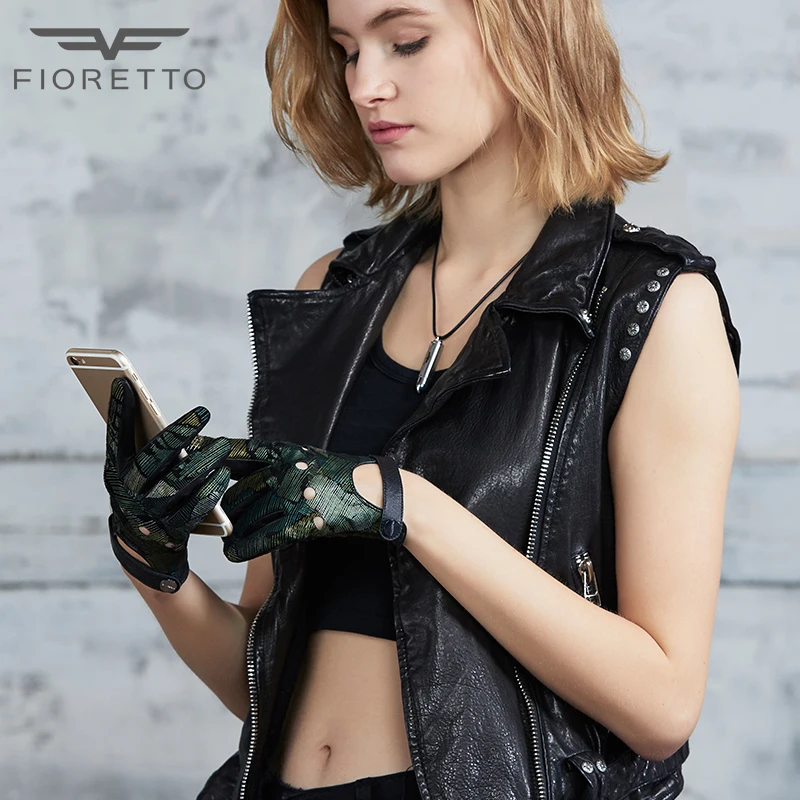

FIORETTO Womens Touchscreen Black Leather Gloves Green Printing Gothic Patchwork Unlined Driving Gloves for Driver Motorbiker