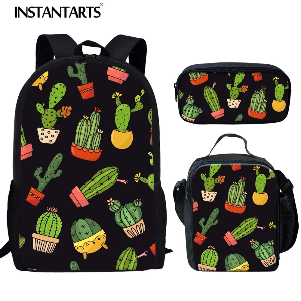 

INSTANTARTS Artificial Plants Cactus Printing School Bag Set for Teenager Girl Student School Backpack Kid Book Bag Children Bag