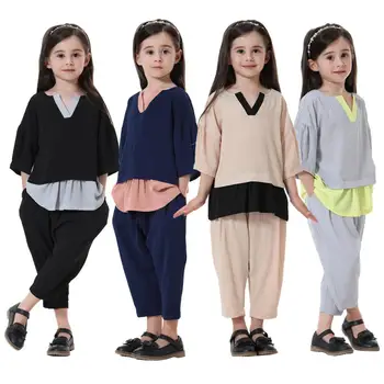 

2020 Cute muslim kids clothes malay dubai arab suit for children islamic outfit for girls shirt+Harem Pants set