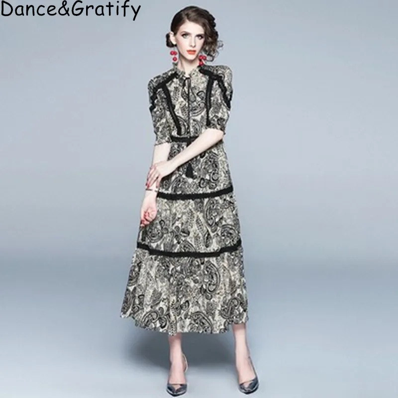 

2019 New Summer High Quality Lace Crochet Patchwork Holiday Dresses Women Vintage Print Long Maxi Chiffon Chic Dresses