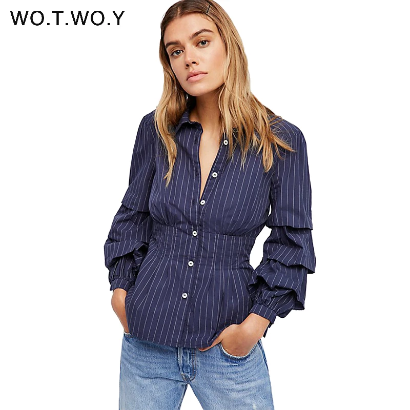 WOTWOY Trim Layered Lantern Sleeve Women Blouse Shirt Long