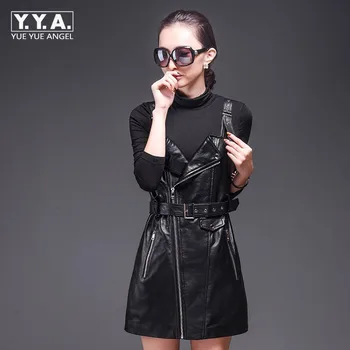 

Vintage Office Lady Black Genuine Leather Dress Female Belted High Waist A Line Dresses For Women Gothic Zip Vestido Plus Size