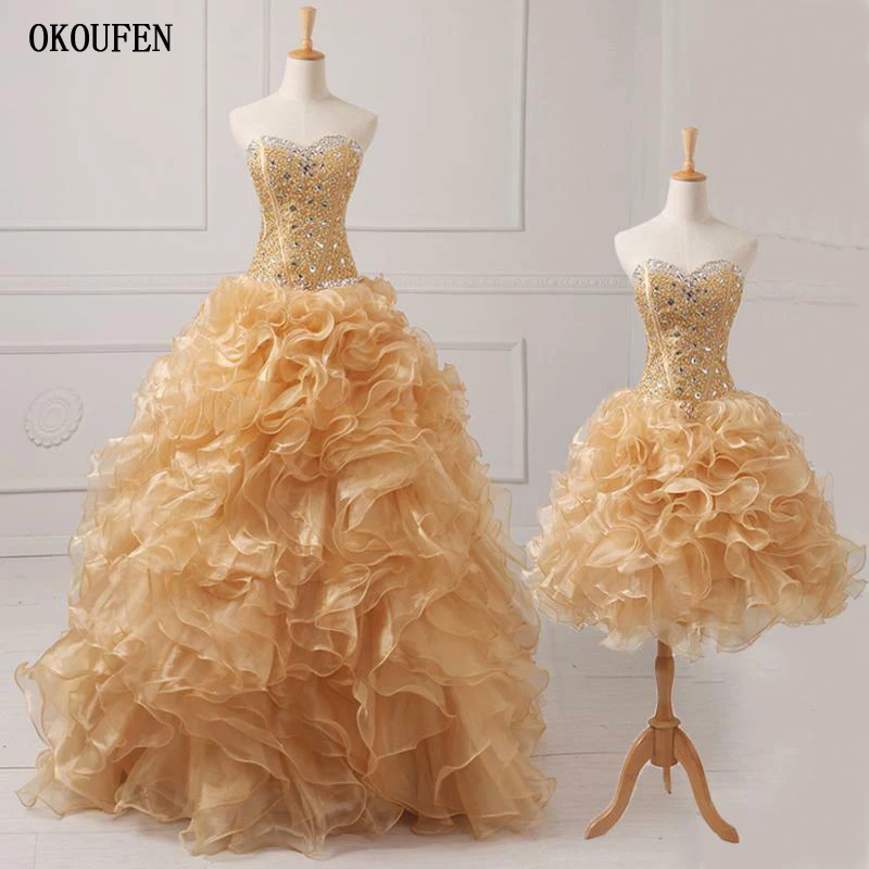 

Ball Gown Gold Quinceanera Dresses 2019 Tiered Detachable Skirt Crystals Sweet 16 Dresses vestido de 15 anos robe de bal doce