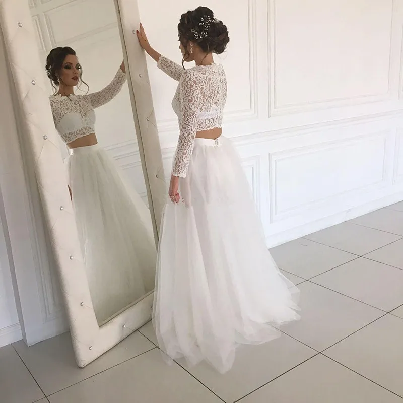 

Vintage Lace Wedding Dresses Two Pieces Bohemia Long Sleeve Wedding Gowns A-Line Elegant Bridal Dresses vestidos de noivas