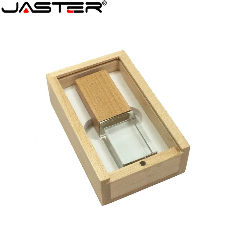 

JASTER USB 2.0 Customized crystal flash drive + wood box usb flash drive 4GB/8GB/16GB/32GB/64GB/128GB