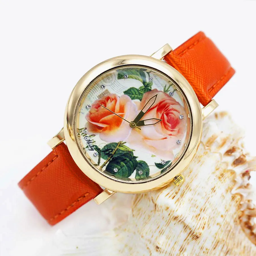 

Shsby bright Leather Strap Watches Rose Gold Women Dress Watch girl flower Casual wristwatch Lady Rhinestone Quartz Watch 01