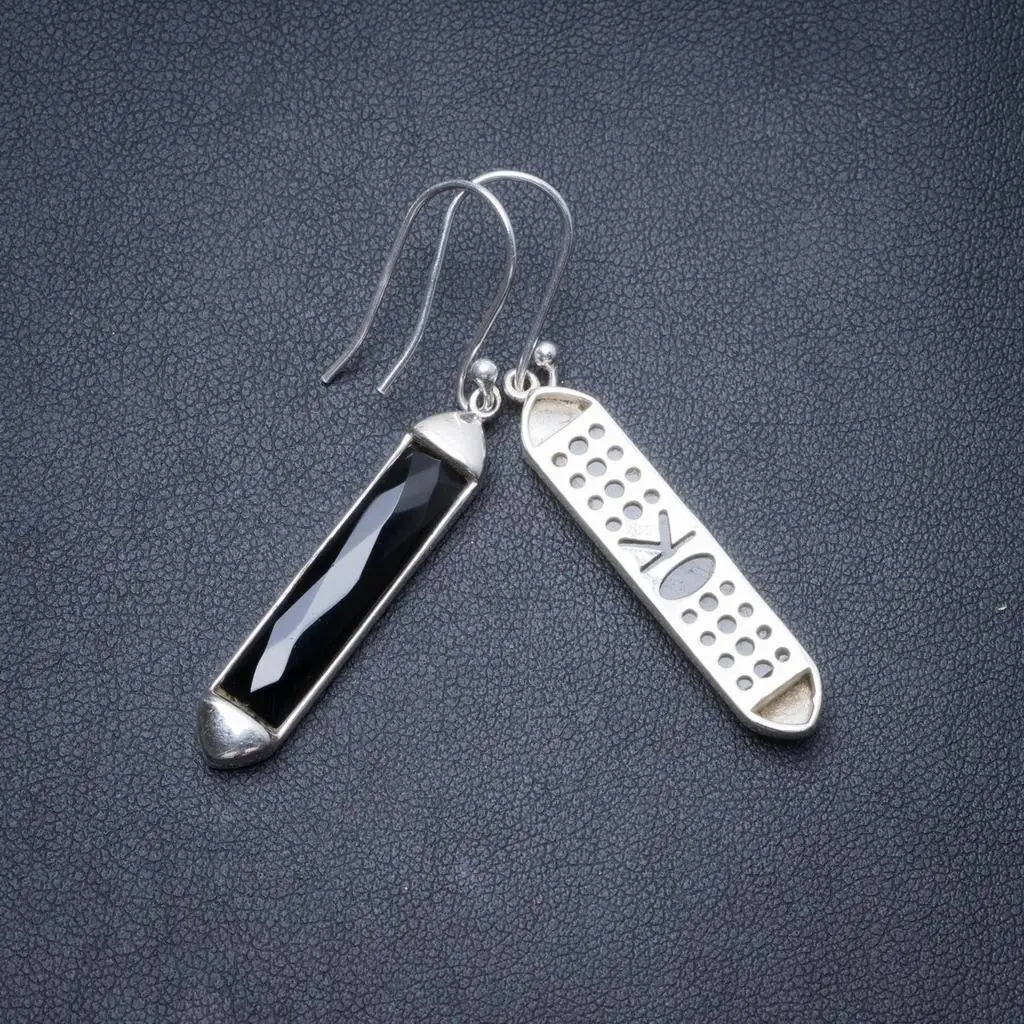 

Natural Black Onyx Handmade Unique 925 Sterling Silver Earrings 2" Y3009