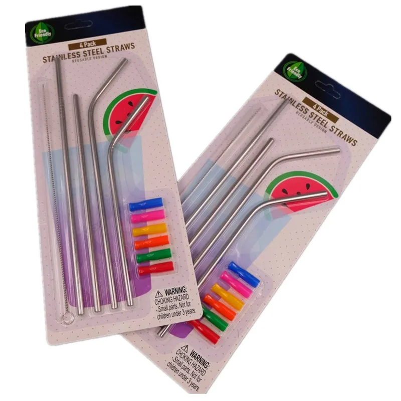 

Hot Reusable 304 Stainless Steel Straw Set Drinking Water Bottle Metal Bent Straight Straws with Brush silicone suction nozzle