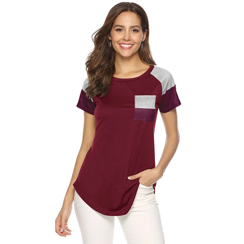 

YZ Women's T-shirt 2019 Summer New Female T-shirt Stripes Pockets Stitching Loose Short Sleeves Tee Shirt Femme