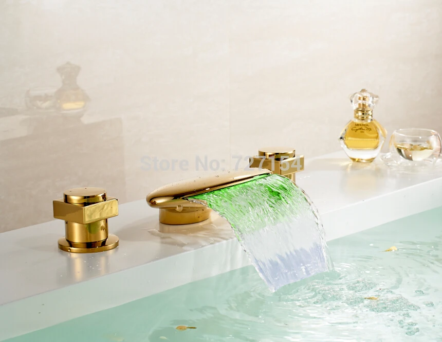 

Free Shipping! New LED Color Changing Bathroom Basin Faucet Waterfall Spout Mixer Dual Handles