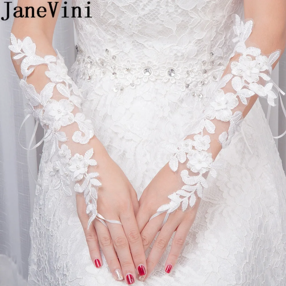 

JaneVini Pearls Bridal Long White Gloves Flower Lace Gloves Bride Elbow Length Fingerless Wedding Glove Marriage Liga Novia 2018