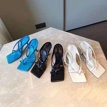 

Sexy Strappy Sandals Stiletto High Heel Toe-knotted Blue Thong Sandals Street Fashion Celebrity Shoes Women