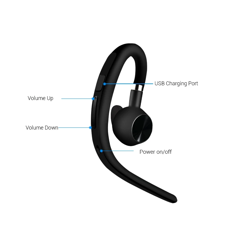 Bluetooth Earphone Business Handsfree Ear Hook Wireless Headsets Noise Cancelling HD Mic Music For iPhone 7 8 X Huawei P20 P30