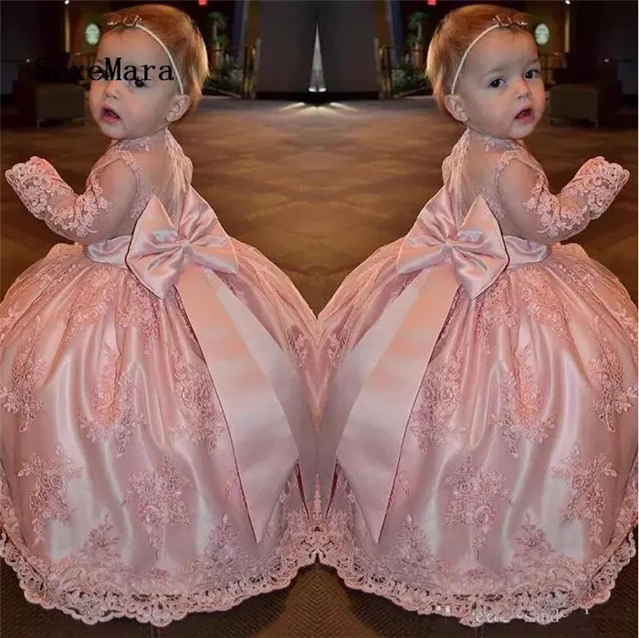 New Pink Long Sleeves Baby Girls Birthday Dresses O Neck Lace Applique Flower Girl Dress Girls Communion Gown with Bow