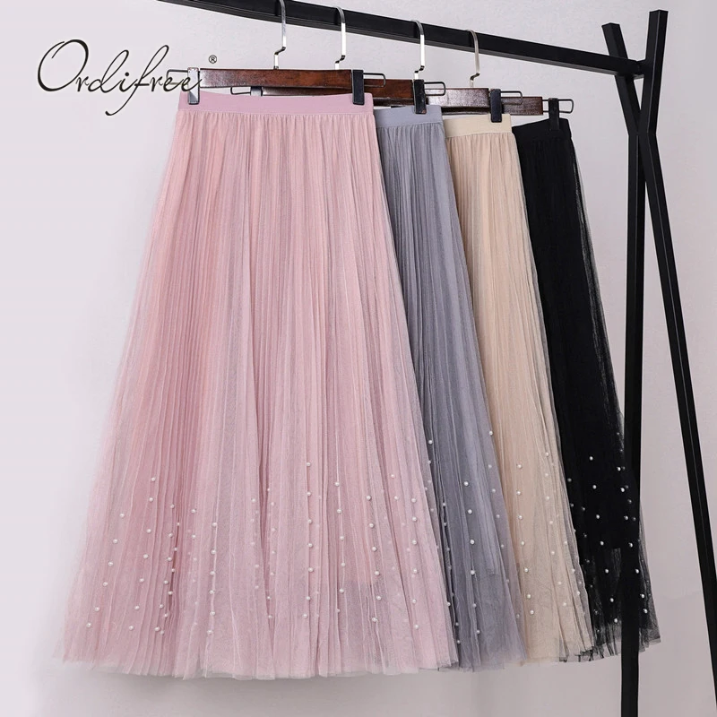Ordifree 2019 Летняя женская длинная Тюлевая юбка плюс размер Эластичная Высокая талия юбка-пачка Розовый Черный Бисероплетение сетка макси юбка