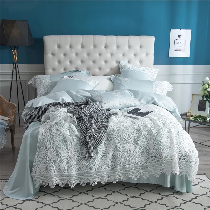 

Luxury Egypt Cotton Deluxe lace Bedding Set Sew Pearls Silky Duvet cover Bed Sheet Pillowcases Queen King Size 4/6/7Pcs
