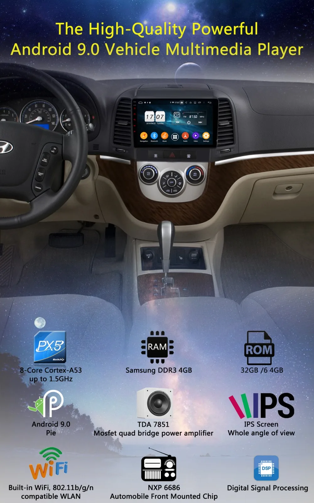 Clearance 9" IPS 8 Core 4G+64G Android 9.0 Car DVD Radio Multimedia GPS Navi For Hyundai Santa Fe 3 4 Hole 2006-2012 DSP CarPlay Parrot BT 1