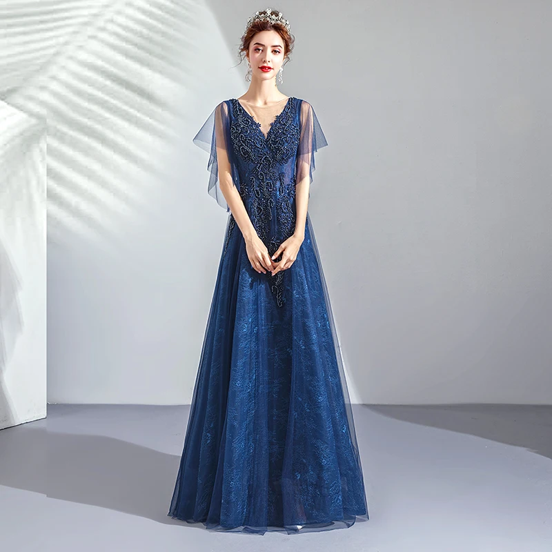 

2019 Evening Dress V-neck Long Plus Size Women Party Prom Dress with Sleeve Vintage Royal Blue Lace Elegant Robe De Soiree E223