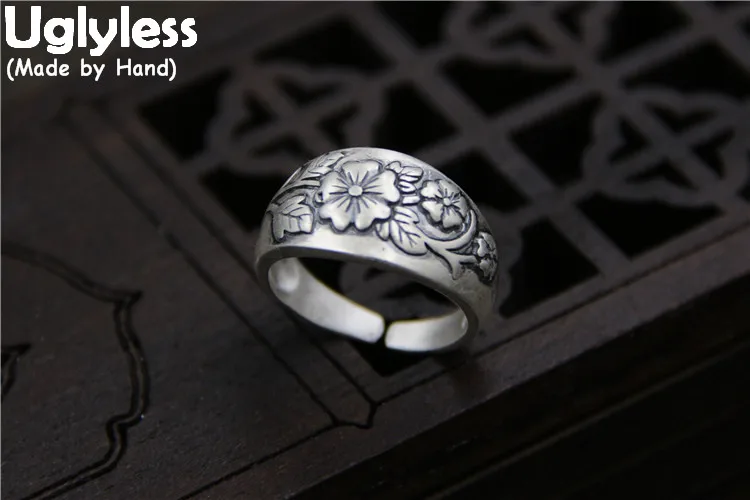 Uglyless Настоящее S 999 чистого серебра ювелирные изделия женские этнические палец кольца тиснением цветок ручной работы Открытое кольцо