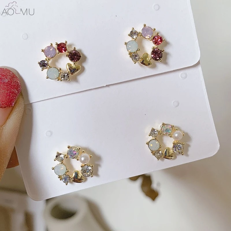 

AOMU New Korea Sweet Bright Crystal Geometric Love Heart Flowers Small Stud Earrings for Women Girl Party Jewelry Brincos