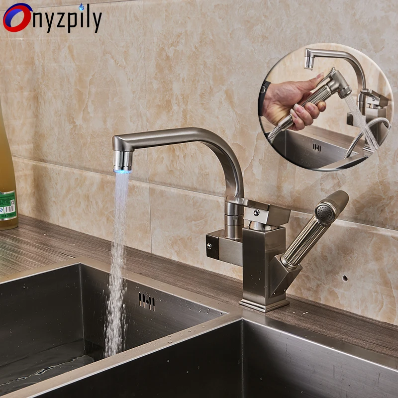

Pull Out LED Light Kitchen Faucet Mixer Tap Single Handle Two Swivel Spouts Kitchen Hot Cold Water Tap Flushing Spray torneira