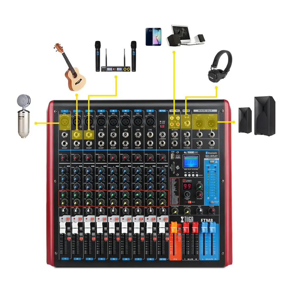 XTUGA FTM8 8-канальный сетевой видеорегистратор профессиональный звуковой микшер звука встроенный 99-bit DSP цифровой эффект с записываемый функция MP3 Распознавание отпечатков пальцев, Bluetooth, USB