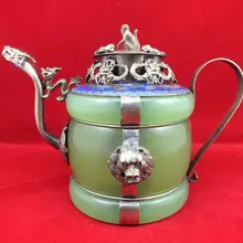 Китайский Старый тибетский серебряный дракон Лев зеленый нефрит перегородчатая крышка с обезьяной