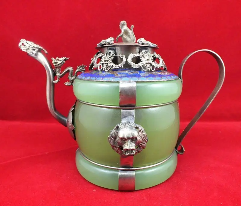 CHINESE TIBET SIVER HANDWORK twelve chinese zodiac signs OLD GREEN JADE TEAPOT