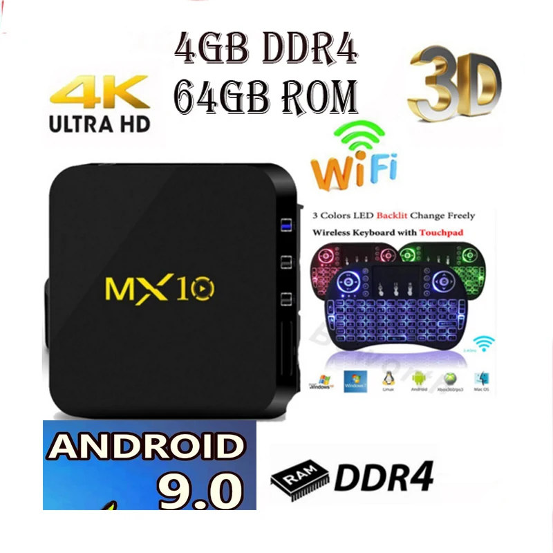 MX10 التلفزيون مربع الروبوت 9.0 mx10 4 GB DDR4 32 GB/64 GB RK3328 رباعية النواة KD18.0 4 K 2.4 GHz WIFI USB 3.0