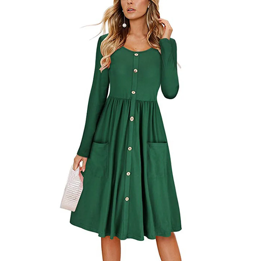 

2018 Hot Sale Red Green Women Long Sleeve Knitted Button Dress Autumn Midi Dress Ladies O Neck Casual Party Dress With Belt