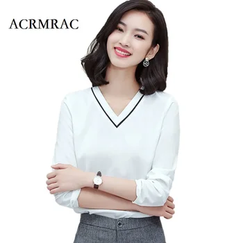 

ACRMRAC Women shirt Slim splice V-neck OL Formal Business Long sleeve shirt Women