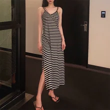 Sexy Women's Dress Sleeveless Maxi Dress V-neck Striped Split Sling Dresses Summer Long Dress Sexy Women's Dress Sleeveless Maxi Dress V-neck Striped Split Sling Dresses Summer Long Dress