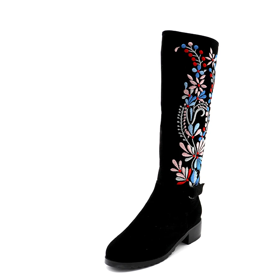 Black Flock ENMAYLA/модные черные ботинки на плоской подошве с вышивкой зимняя обувь из искусственной замши с круглым носком женские полусапожки - Цвет: Black Flock