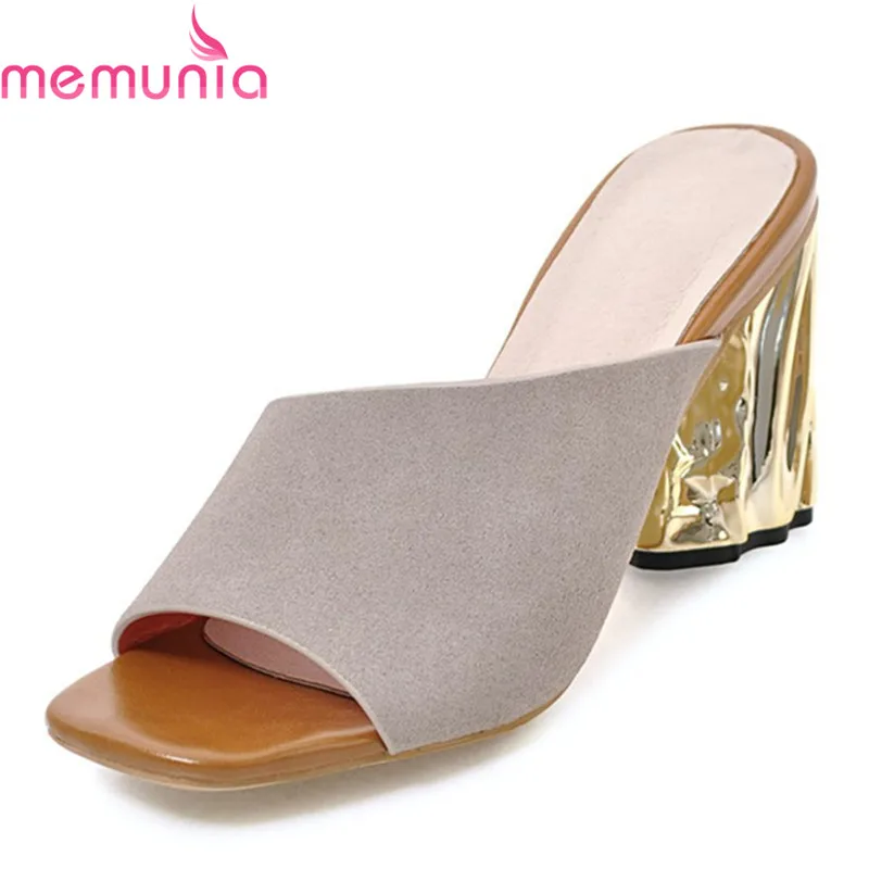 

MEMUNIA hot sale women high heels sandals pu+flock ladies summer shoes fashion party fish mouth heels shoes big size 34-43